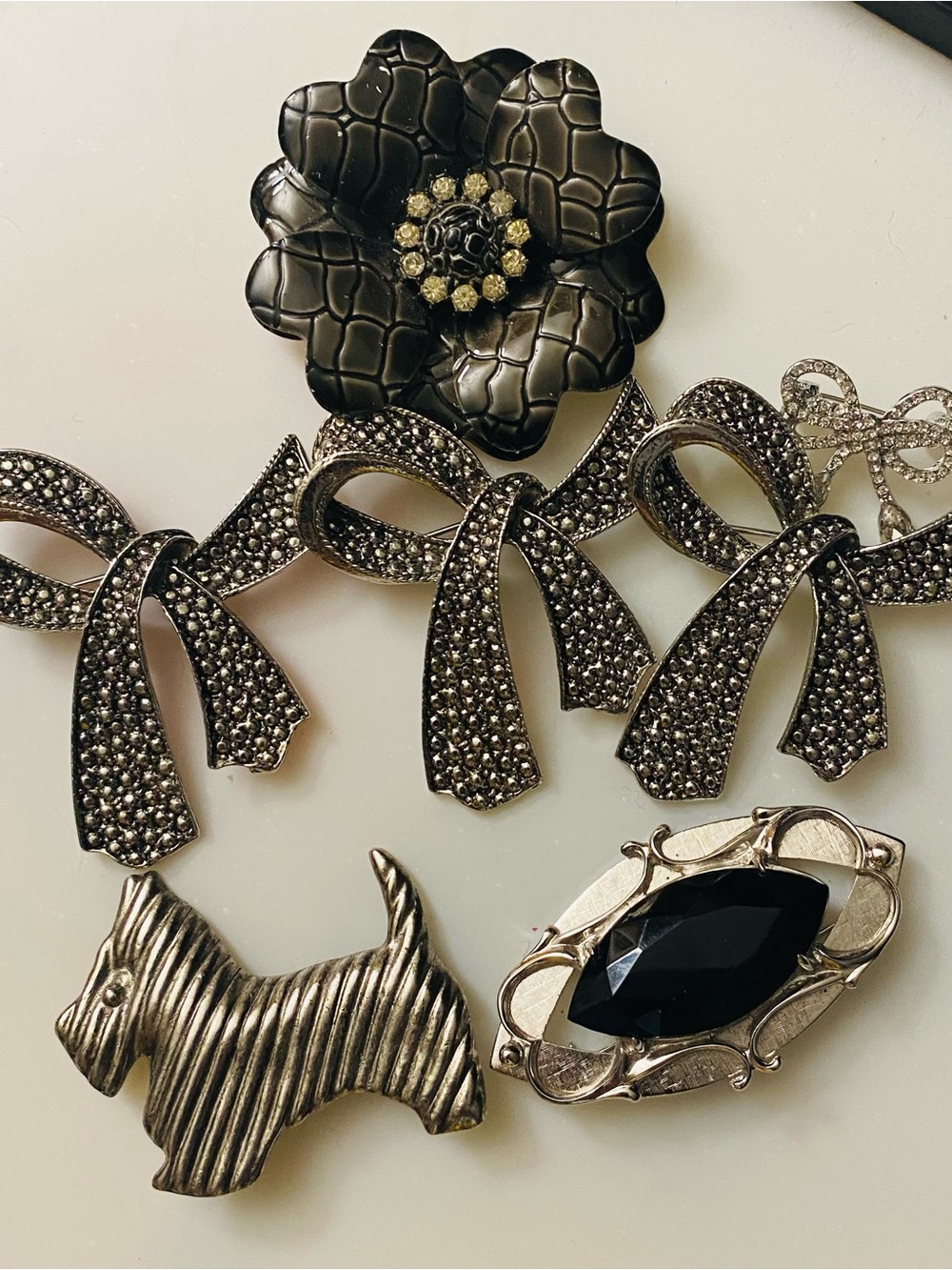Six Silver-Tone Brooches W/ Black Accents including Bows, Scottish Dog & Flower